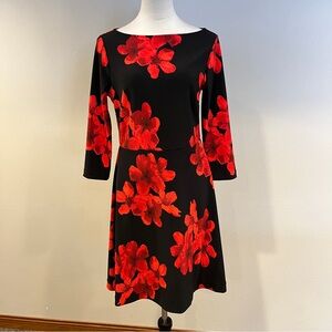 Boston Proper Black and Red Floral‎ 3/4 sleeves mini Dress size small